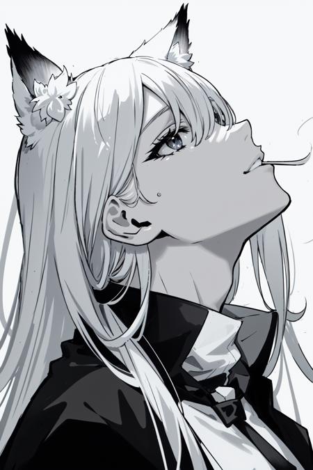 masterpiece, best quality, black and white, monochrome, kaneki_meme, hair over eyes, 1girl, long hair, white hair, animal ears, from side, looking up,  <lora:KanekiKenMeme:0.6>