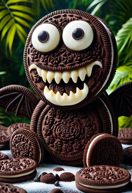 Sweet Delight, ((Creature)) made of creamy cookies, large candy eyes, white sugar sharp teeth, cookie theme, licorice jungle, flying, striking, lively colors, intense colors, picturesque, masterwork, exemplar quality, global illumination, SFW, PG, exquisite detail, digital art, dw01-3400