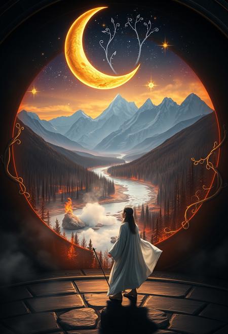 The clock's cover, adorned with glowing runes and vines, contrasts with the obsidian floor below. A crescent moon casts an ethereal glow, lighting the dreamlike scene, while stars twinkle above. In the distance, a steaming river winds through a burned forest, with towering mountains in the background, their peaks reaching toward the celestial bodies. The sense of adventure is palpable, as if the viewer is peering into a vortex, beckoning them into this fantastical realm. A lone figure, a young woman with porcelain skin and raven-black hair, dressed in a flowing white robe, stands at the portal's threshold, one hand reaching out to touch the mystical aether. Her bright, sapphire-like eyes shine with curiosity as she gazes upon the breathtaking vista. The scene is bathed in warm, golden ligh
