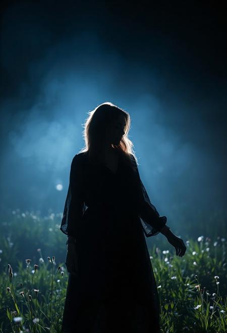Woman on luminescent meadow, shadow art. Mysterious light. Perfect composition. Mysterious. Octane render. Masterpiece, delicate details.