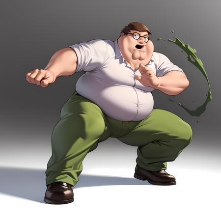 ((masterpiece, best quality)),(complex light), 1boy, solo, full body, peter griffin,  <lora:Peter_Griffin3-10:0.6>, simple background, fat man, green pants, fighting stance,