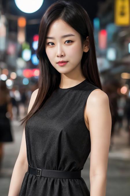 mature, ((upper body:1.2)), nikon RAW photo, 8 k, long hair, Fujifilm XT3,masterpiece, best quality, realistic, photorealistic, ultra detailed, extremely detailed face, solo,1girl, standing, fashionable and trendy atmosphere, and a stylish expression on her face, close up, black dress, walking, at the dark streets, moonrise, sleeveless, fabric clothes,<lbm=FACES>