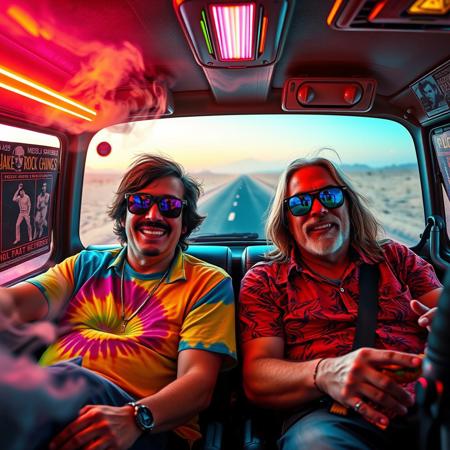 High resolution, masterpiece quality, source_8_up, hyper-realistic lighting, ultra-detailed textures, cinematic depth of field, HDR: Render the scene with realistic lighting, sharp focus, dynamic reflections, and smooth gradients. Emphasize neon glows, ambient occlusion, and photorealistic reflections.
"Two laid-back stoner characters, resembling Cheech and Chong—Jake in a colorful tie-dye shirt and a short, mustached face with a wide grin, and Terry with long hair, wearing reflective sunglasses and a slightly scruffy beard—sit in a vintage, psychedelic van on a sun-scorched highway. The van’s interior is cluttered with 70s rock band posters, glowing lava lamps casting neon pinks, blues, and greens. Soft, ethereal smoke swirls, shifting colors with the light. Outside, the vast desert stretches with warped heat distortion. Floating snacks, glowing chips, and candy wrappers hover, casting psychedelic light. Their expressions are exaggerated: Terry is hyperactive, wide-eyed, with disheveled hair, while Jake is relaxed, leaning back with a goofy grin. Surreal, abstract shapes and glowing orbs float around, representing their trippy conversation. The atmosphere feels dreamlike, constantly shifting with glowing textures, reflections, vibrant neon hues, and dynamic lighting."