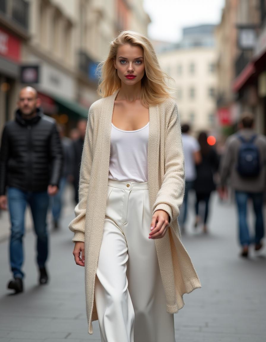 a petite 18 year old blonde woman, she has shoulder length wavy hair and blue eyes, she wears pale red lipstick
she's wearing long loose white trousers and a white top
she's wearing a long loose woolen cardigan open at the front
she's walking confidently along a busy street