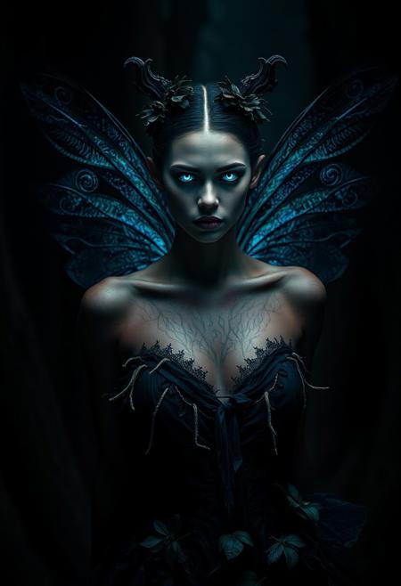 An evocative dark fantasy photography. The central figure is a once-elegant forest african fairy, now corrupted by sinister forces. She has buterfly wings like attributes, a pale complexion, glowing blue eyes. Her once-lush attire is now tattered and overgrown with the transparency  that she once represented. The background is dark and foreboding, reflecting the fairy's lost beauty and anger. The overall atmosphere is cinematic and conceptual, immersing the viewer in a world of dark fantasy., cinematic, dark fantasy