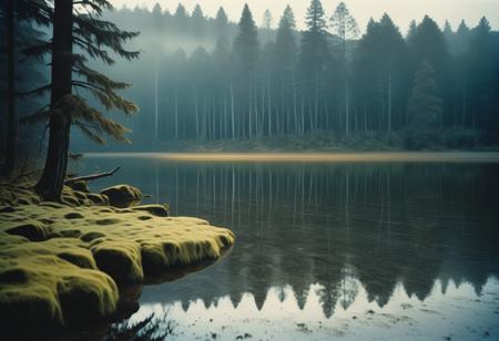 An outdoor scene, melancholic, introspective and calm, with the scene calm lake with mirror-like surface, soft natural light with gentle shadows, in shot in pouring rain with glistening reflections, at at sunrise with golden light, cool blue and gray tones with subtle depth, captured with Polaroid Pathfinder 110A Polaroid 250 114mm f8.8, classic sharpness and depth, on Polaroid 8x10 Film, large-format instant prints with fine grain and crisp detail, Fine Art: artistic quality, subtle nuances, with the background dense forest with mossy ground, with the effect mystical aura, surreal beauty
