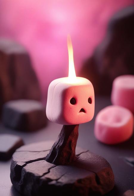 8k, analog photo, Tilt shift photography style, Diorama, a roasted marshmallow made from pink jade, glowing cracks, sitting on a obsidian stick, ( Unmanned:1.2),