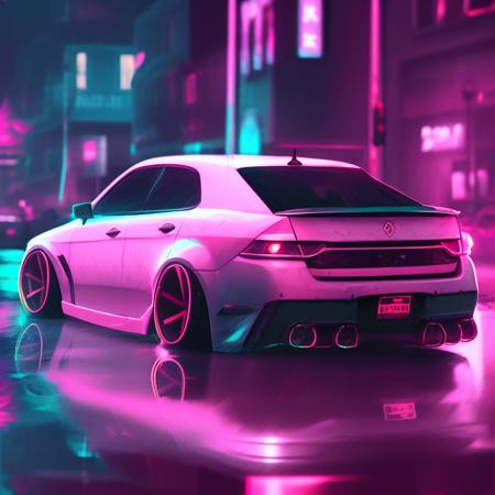 a photo of a car parked on a city street with a neon light on it's side and a neon light on the back of the car, art by carstestv3