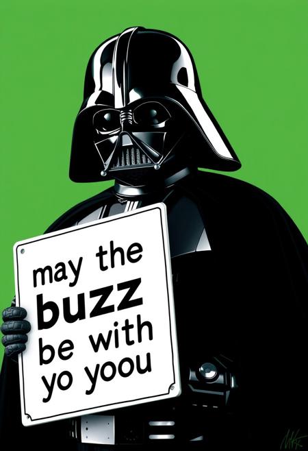 Darth vader with a sign that says "may the buzz be with you"