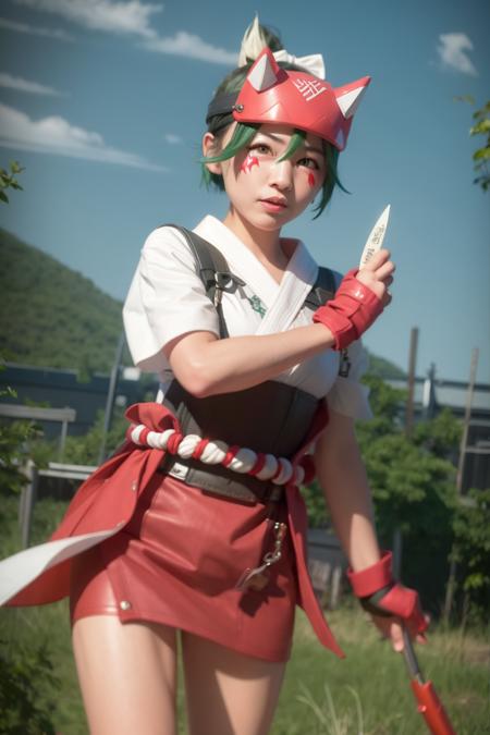 masterpiece, best quality,kriko ow, 1girl, solo, kunai, green hair, gloves, smile, holding, white background, ofuda, fingerless gloves, looking at viewer, simple background, japanese clothes, mask, white kimono, weapon,(kbxll:0.6)