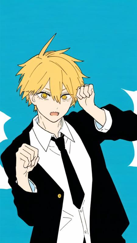 denji \(chainsaw man\), 1boy, black necktie, black pants, collared shirt, long sleeves, necktie, yellow hair, solo, white shirt, yellow eyes, red background, 1man, (blond hair:1.1), 
 <lora:chainsawmanED4style:0.7>    <lora:denjiChainsawMan_denjiChainsawMan:0.7>