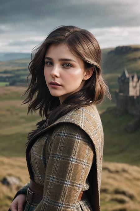 ChloeGM_SoloTI_v1,
(In a simple, rustic dress with a plaid shawl and wild, flowing hair, exuding a quiet strength and resilience), (Amidst the rolling hills and ancient castles of Scotland, where whispers of freedom and bravery create a symphony of determination and sacrifice, a sense of courage and steadfastness fills the rugged air:1.3), (resolute:1.3), (natural, windswept landscape, contemplative gaze, historical setting:1.3), 
 epiCPhoto, PA7_Portrait-MCU,