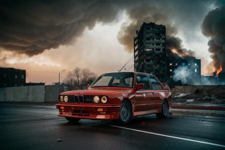 analog gloomy photo of a (red BMW E30 car, <lora:bmwe30:1>), ((speeding in an abandoned city (at midnight))), ((decayed apartment buildings on fire in the background)), (((getting shot))), (gunfire), ((snow)), (horror movie), ((nighttime)), (midnight), ruins, claustrophobic, High Detail, Sharp focus, (photorealism), realistic, best quality, 8k, award winning, dramatic lighting, epic, cinematic, masterpiece, backlit, contrejour, rim light, ambient fog:1.4, dutch angle, depth of field, volumetric lights,