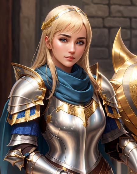 Masterpiece, absurdres, fine detail, HDR,highly detailed armor with gold plating, shiny armor, photorealistic,<lora:PLD_amor:0.75>,PLD_armor, a female knight in armor, wearing PLD_armor, blue scarf