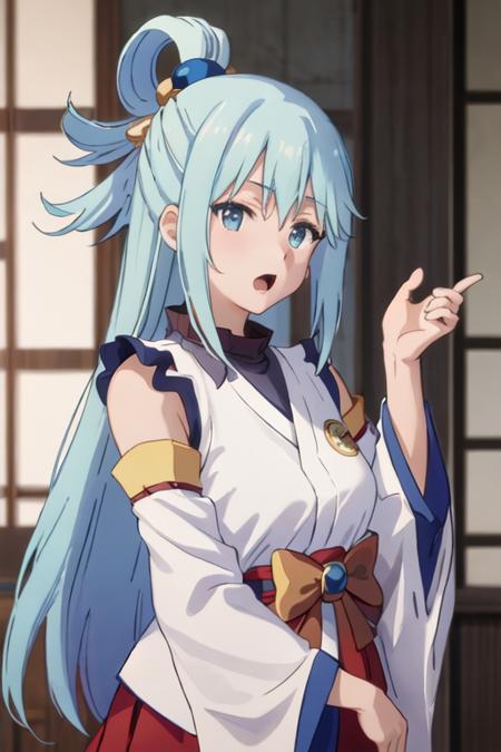 best quality, masterpiece, highres, solo, {white kimono:1.35}, {red hakama:1.35}, {wide sleeves:1.20}, {aqua_konosuba:1.15}, long_hair, blue_hair, hair_ornament, hair_rings, blue_eyes, open_mouth, bow, green_bow, single_hair_ring