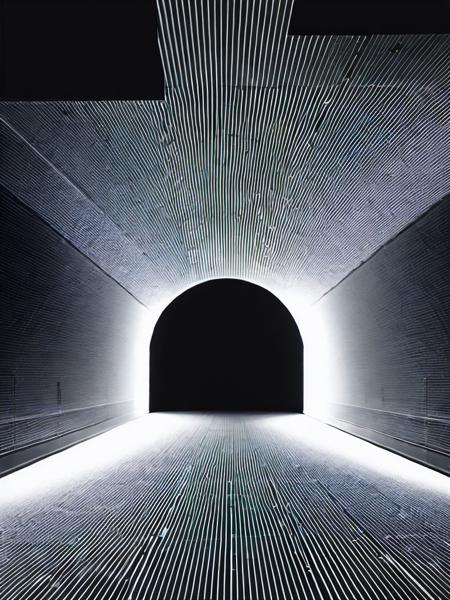 <lora:RyojiIkeda:1>a black and white photo of a tunnel with lines of light coming out of it by Ryoji Ikeda