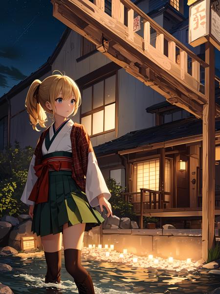 Japanese Style,(anime,8k,masterpiece, top quality, best quality,beautiful and aesthetic:1.2,professional illustrasion:1.1,ultra detail:1.3,perfect lighting),extremely detailed,highest detailed,incredibly absurdres , highres, ultra detailed,intricate:1.6,BREAK
The scene depicts houses standing on the riverbank amidst the silence of the night. Stars twinkle in the night sky and the moonlight gently shimmers on the surface of the river. Candles lit by family members spread warm light through the windows of the houses. In the center of the scene is a spirit floating down the river, each boat carrying a heartfelt message or a thought of thanksgiving. The boats are lit by twinkling multicolored candlelight, and the lights are reflected on the surface of the river as they are transported to the distant world of their ancestors. On the riverbank, families hold hands and offer prayers and thanksgiving to their ancestors.
, (young girl),(WW2,green military costume,combat uniform,major),beautiful face and eyes,Beautiful hair, floating hair,shoulder length hair,(blonde hair),bobbed hair,pony tail,antenna hair, shiny skin,pretty,small stature,( flat chest), meiji schoolgirl uniform, hakama, hakama skirt, japanese clothes, kimono, cross-laced footwear, lace-up boots, floral print,