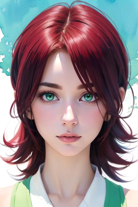 akari_koumoto, red hair, green eyes, short hair
