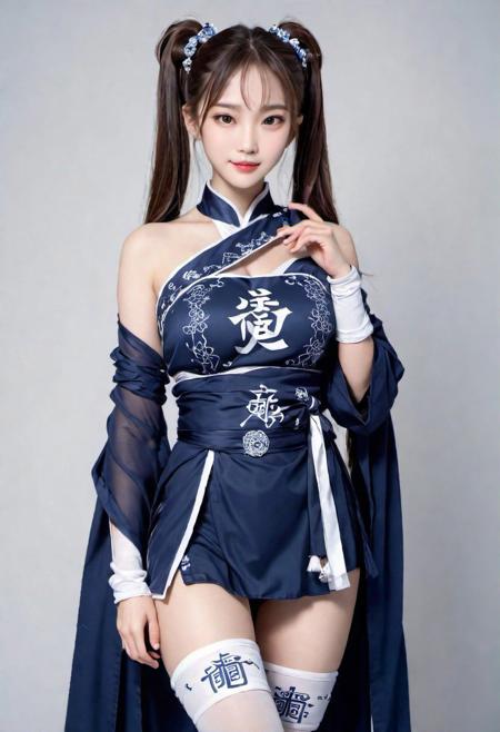 raw photo, (Traditional Chinese Taoist fortune teller), adorned in dark indigo flowing robes, adorned with mystical symbols and ancient scrolls, white thighhighs, 1girl, masterpiece, best quality,asian, (close up), sexy pose, high ponytail, ((simple background)), boken, slightly smile