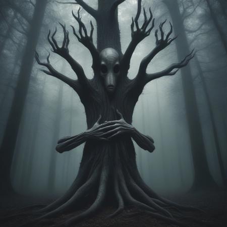 A haunting surreal image of a tree in a dark forest,  human arms and hands gripping its trunk at various heights. The source of the arms is revealed as an alien figure behind the tree, its form eerie and unsettling. The alien's appearance is mysterious, with pale, glowing eyes. The muted tones of the forest and subtle lighting enhance the otherworldly atmosphere, evoking themes of entrapment, desperation, and a chilling connection between humanity, nature, and the unknown.
