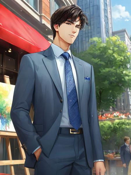 1boy, (full body,:1.2) ,outdoor, standing,
looking at the viewer,
male focus, necktie, solo, jacket, shirt ,
Lavish background decoration,
,ultra quality, (digital painting,:1.2) , cartoon, highly detailed,
, <lora:Boy_V4-000014:0.7>