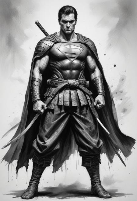 standing pose of Superman samurai,  he wears the classic samurai suit, professional studio quality image, heroic pose, dramatic lighting, ultra realistic photograph, professional art, black and white ink art painting