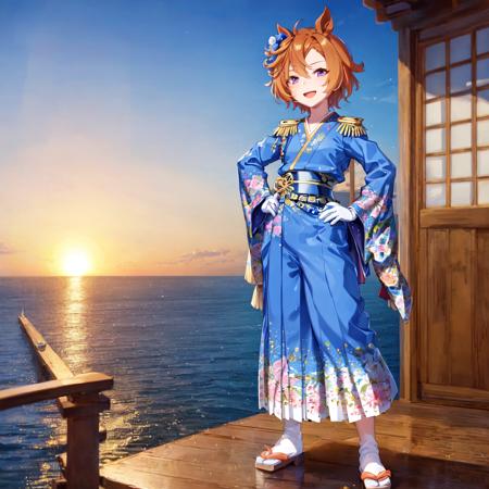 masterpiece, best quality, 
t.m. opera o \(umamusume\), 
blue sky, sunrise, ocean,
standing, open mouth, smile,
on wooden ship, wooden floor, hands on own hip, 
official alternate costume, japanese clothes, kimono, blue jacket, shirt, epaulettes, aiguillette, long sleeves, wide sleeves, white gloves, sash, hakama skirt, obi, floral print, 
<lora:t.m._opera_o_loha:0.8>