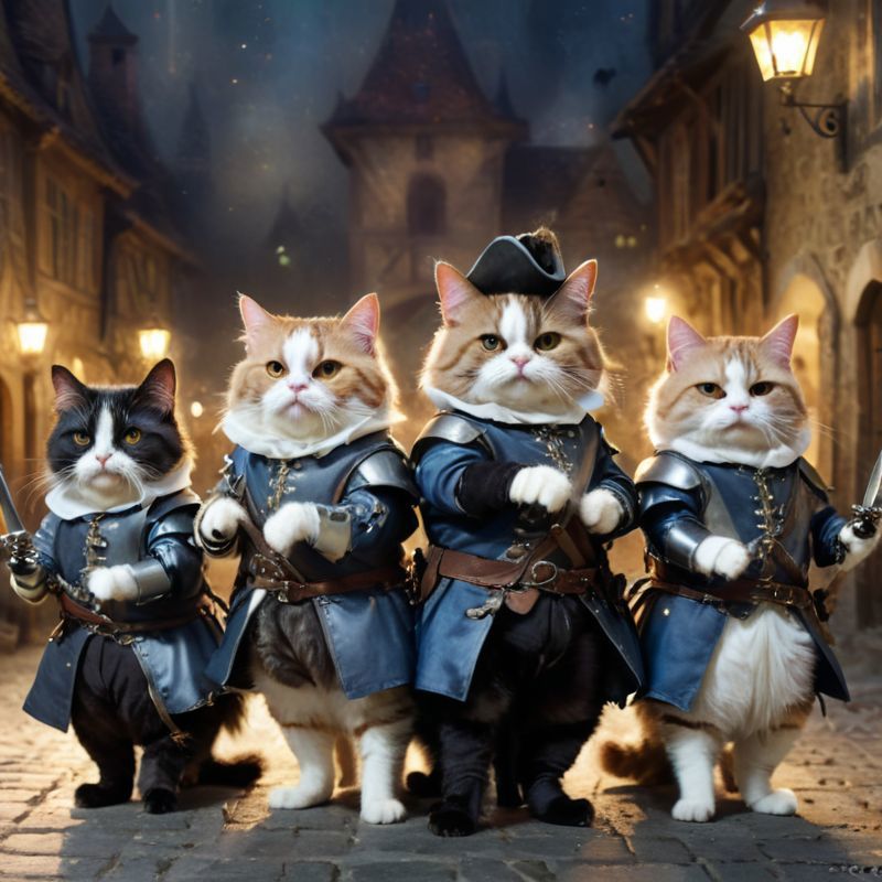 Four Cats Dressed in Medieval Costumes Standing on a Stone Road