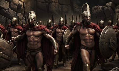 300sprtns, otherworldly, best quality, masterpiece, trending on arstation, ancient Greeks, ancient Spartans, red capes, round shields, spears, Corinthian helmet, men, cinematic lighting,