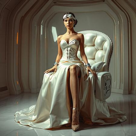 A slender, arrogant bride, dressed in a luxurious, rich fantasy satin wedding gown with a fitted, boned corset and a full, flared skirt, paired with satin high heels, orgasm face.,  The brainwashing headband, is secured to her temples, connected to a  futuristic superconputer rack. Her hands and ankles are bound to a biomechanical white chair, adorned with wet-look glossy pearl pillows, by massive steel restraints, accentuating her ultra-thin waist. she is drugged from standing drop counter with weird medicine. The scene is set in a sterile, empty chamber, with a glossy mother-of-pearl finish, evoking a sense of futuristic dread. Inspired by the cinematic styles of Ridley Scott, Guillermo del Toro, and H.R. Giger, with a blend of sci-fi and horror elements, this full-body portrait is a masterpiece of cinematic storytelling, shot on a virtual v-raptor XL camera, with a warm, film-grained aesthetic, subtle vignette, and rich color grading, reminiscent of 35mm film, with dramatic, atmospheric lighting, inviting the viewer to immerse themselves in this epic, stunning scene.