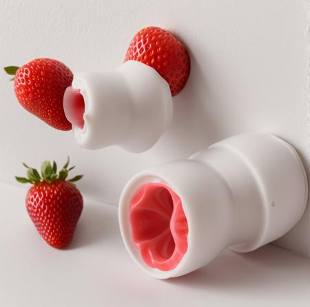 fleshlight detailed product in front of a white wall, orifice is shaped like a strawberry