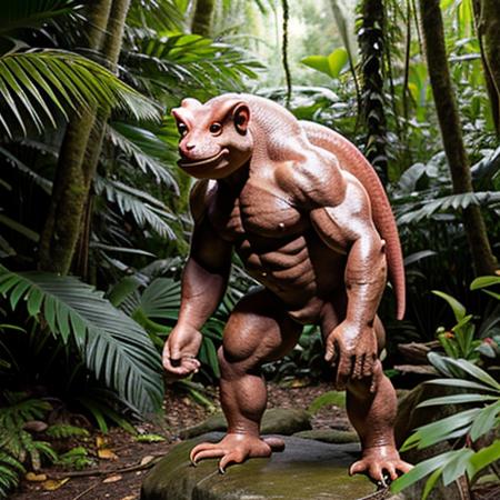 full body shot, photograph of a large creature in the heart of a rainforest, wildlife photography, solo, no humans, animal, slimy hairless albino amphiban ape that's also a salamander chameleon octopus axolotl frog horse slug gorilla chimera, muscular, toned, pecs, abs, bipedal, standing upright, loincloth, hooves, centered