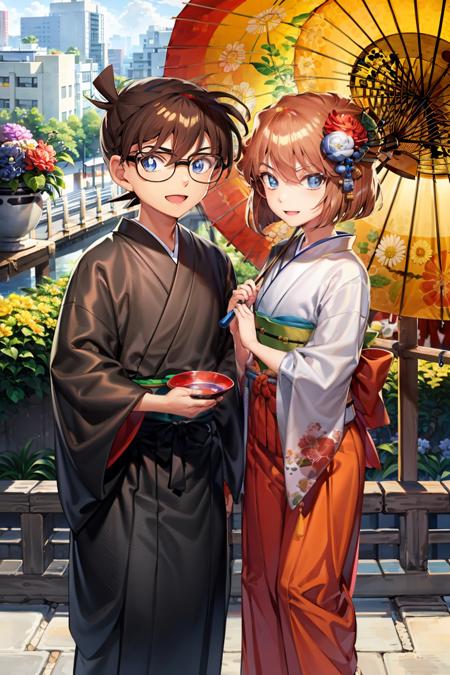 masterpiece, best quality,1girl, japanese clothes, brown hair, umbrella, 1boy, oil-paper umbrella, kimono, short hair, blue eyes, flower, hair ornament, sakazuki, looking at viewer, cup, sash, hair flower, smile, holding, obi, hakama, hakama skirt, floral print, open mouth, holding umbrella, hair between eyes, red umbrella, sake