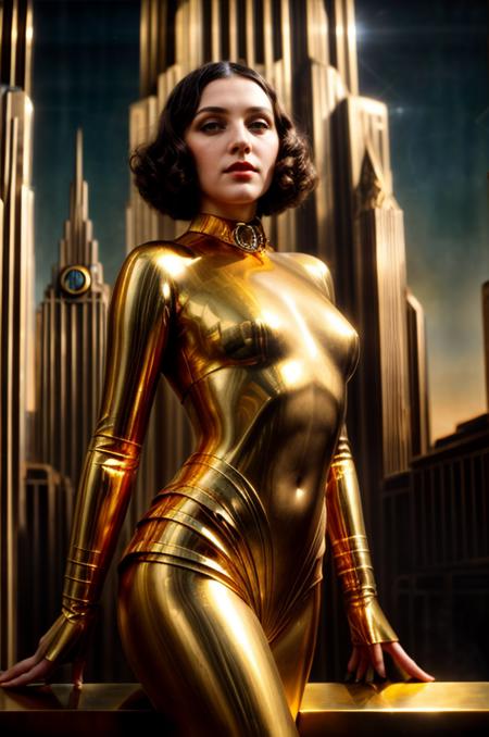 an enigmatic and striking portrait of a beautiful and mysterious woman in the style of (Metropolis, in the style of fritz lang, maschinenmensch:1.2), futura, art deco futurism, BREAK (dramatic art deco background:1.1), 1920s art deco, 1920s futurism, BREAK, color photograph, (tones of bronze and gold:1.2), medium shot, from waist up, (low angle:0.8), she should have a( sleek  and smooth appearance:0.8). her pose should be (powerful and statuesque:1.3) High contrast lighting. cinematic and otherworldly atmosphere that evokes the grandeur and dystopian vision of the original Metropolis artwork. BREAK,  epiCPhoto <lora:more_details:1.5>