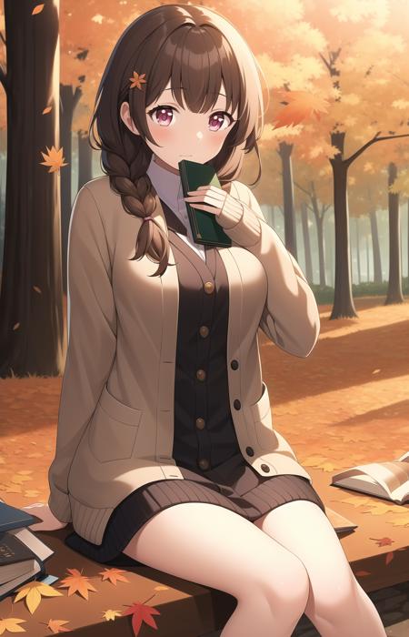 1girl, solo, leaf, sitting, brown hair, dress, braid, twin braids, looking at viewer, book, holding, long hair, hair ornament, breasts, autumn leaves, pink eyes, holding book, bangs, autumn, blush, cardigan