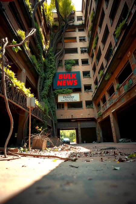 Viewed from an upward looking low angle to increase its sense of height. A large abandoned brick multistory building extends high up. The building is overgrown and infested with large vines with thorns. A sign on the building reads: "Bulk News", the surrounding environment is an arid desert like environment.