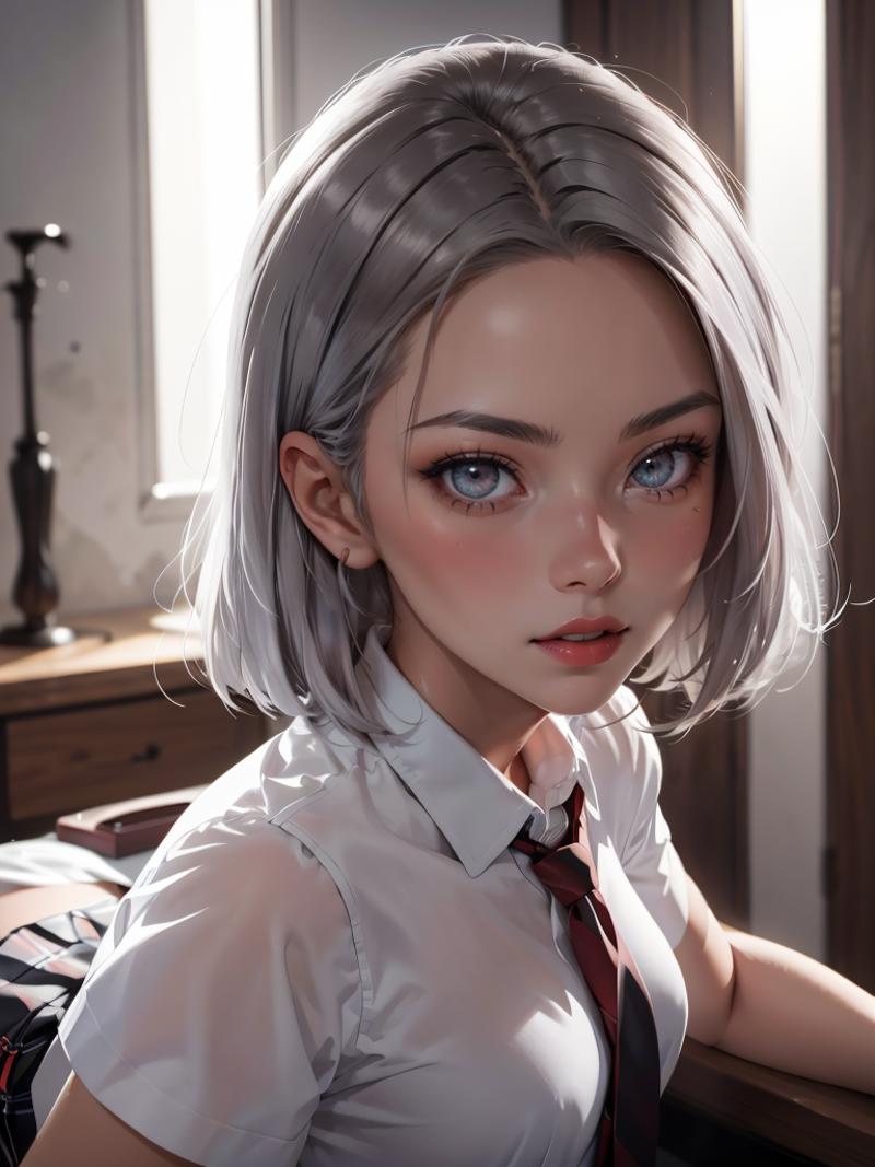 A beautiful young woman wearing a white shirt with a red tie.