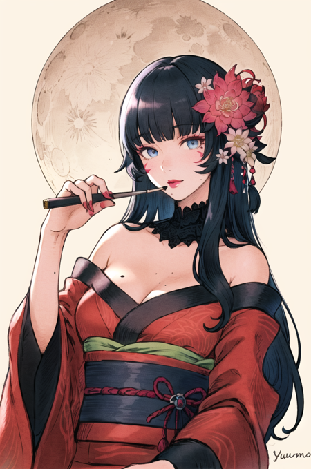 kuroimori, 1girl, bare shoulders, black hair, black kimono, blue eyes, blunt bangs, breasts, cleavage, closed mouth, copyright name, crater, epiphyllum, floral background, flower, full moon, hair flower, hair ornament, hand up, hyur, japanese clothes, kimono, kiseru, lace collar, lipstick, long hair, long sleeves, looking at viewer, makeup, medium breasts, mole, mole under mouth, moon, obi, off shoulder, pink lips, sash, smoking pipe, solo, straight hair, upper body, white flower, wide sleeves, yuujo, ((masterpiece)) , ((pencil marks)) <lora:kuroimori_offset:1>