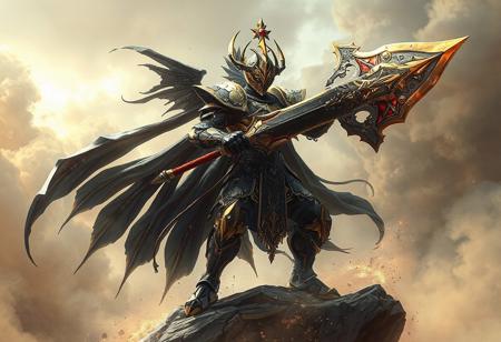 "Create a high-definition, 4K digital illustration of a Mechquipped Djinn Angeneral standing proudly on a Diamond-Dust Cyclone. The Angeneral, donning intricately detailed black and gold armor, wields a large sword and shield adorned with red and gold accents. The Angeneral's helmet, also black with a gold visor, exudes a sense of power and strength. The Diamond-Dust Cyclone serves as a dramatic and fitting backdrop, tying in the colors of the Angeneral's armor and weaponry. Utilize vivid emotions, dynamic action poses, captivating lighting, and a cinematic, hyperrealistic style to bring this epic character to life. Aim for a concept art piece that captures the attention of the CGSociety and Artstation communities."