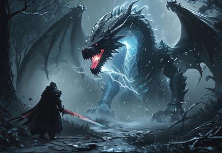 evil frozen dragon, realistic, In a cyberpunk-inspired realm, Theme: Futuristic, cyberpunk-inspired The Moon: A figure, walking through a dark, foggy forest, is haunted by ghostly apparitions. The background is the silhouette of a dragon emerges from the darkness, its form composed of the same vibrant energy. The entire scene is bathed in a contrast of deep blacks and brilliant frozen dragon, creating a dynamic and visually striking composition. Particles of light scatter through the air, adding to the mystical atmosphere. This digital illustration blends elements of anime artistry with futuristic aesthetics, resulting in a captivating image that radiates energy and intensity, snowing, ready for battle, holding sword, bright thunder, red fireflies lightning <lora:CyberRealistic_Negative-neg:1> <lora:patty_cake:1> <lora:detailed_notrigger:1>  <lora:XL_boss_battle:1>