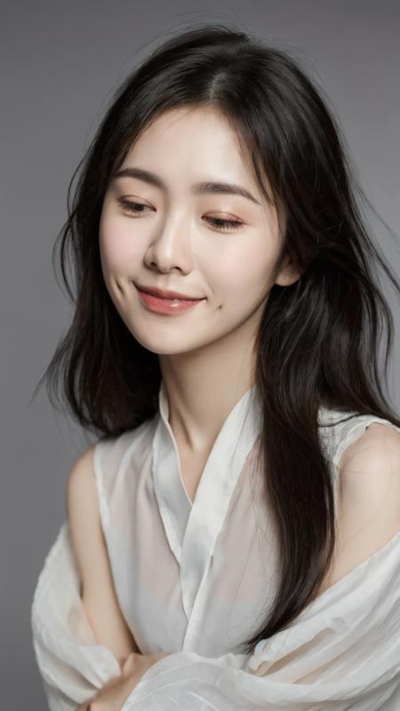 weiwei, smile, dimple, fine - art photography, soft portrait shot 8 k, mid length,  ultrarealistic uhd faces, unsplash, kodak ultra max 800, 85 mm, intricate, casual pose, centered symmetrical composition, stunning photos, masterpiece, grainy, centered composition,grey background,hanfu,<lora:dimple_smile-000007:0.7>,<lora:add_detail:0.2>,solo,closed mouth:1.3, closed eyes