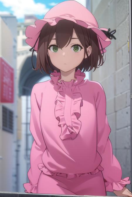 rin azuma, short hair, brown hair, (green eyes:1.3), hat, frills, dress, pink dress, pink hat, long sleeves, puffy sleeves, skirt, pink skirt,