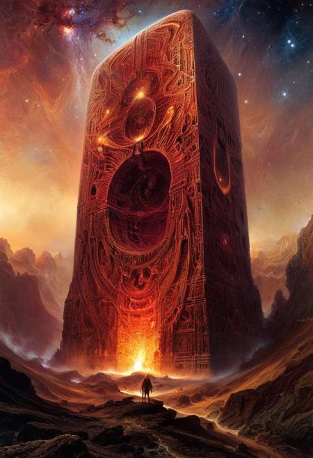 The lovecraftian depiction of the unimaginable inevitable endless cosmic horror coming from the deadly void of space in the form of the giant irritating ethereal indescribable ancient non-euclidean monolith, high quality, detailed, intricate details, masterpiece, UHD 16K, professional photograph, by thomas moran, by zdzislaw beksinski