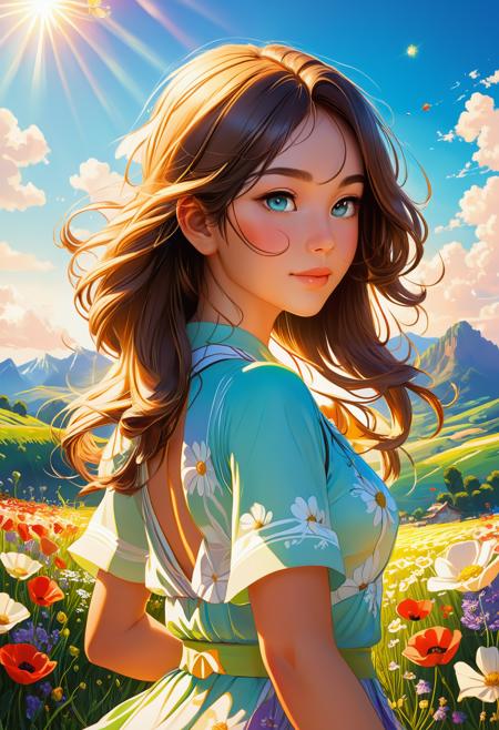 Side view of 1girl standing in a vast sunlit field of wildflowers (daisies, poppies, lavender), gazing toward distant snow-capped mountains under a bright blue sky with soft cumulus clouds. Golden hour sunlight bathes the scene in warm tones, creating long shadows and delicate lens flares. Her flowing hair and summer dress ripple in a gentle breeze. Ultra-detailed 8K anime-style illustration with Studio Ghibli-inspired colors, Makoto Shinkai lighting effects, and depth of field (foreground flowers slightly blurred). Composition emphasizes the expansive landscape with the girl positioned off-center using the rule of thirds.