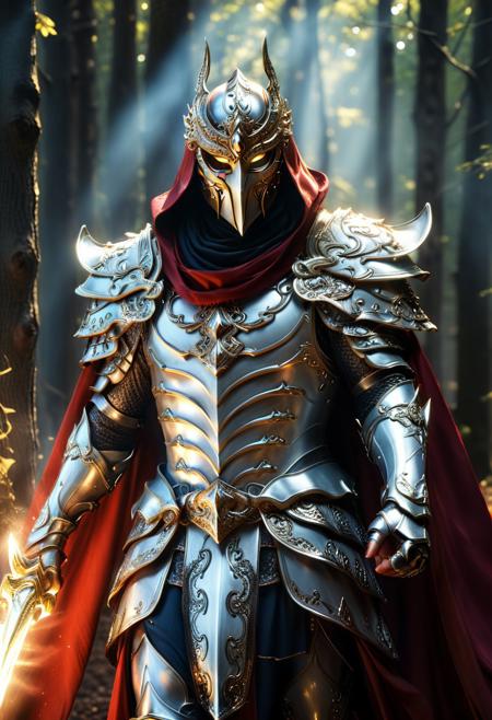 score_9, score_8_up, score_7_up, score_6_up, score_5_up, score_4_up, (absurdres, best quality, masterpiece:1.4), illustration, photorealistic, cinematic lighting, dynamic angle, perfect composition, mask, ornate mask, intricate armor, battle stance, mystical aura, long cape, glowing eyes, forest background, ethereal glow, intense atmosphere, regal