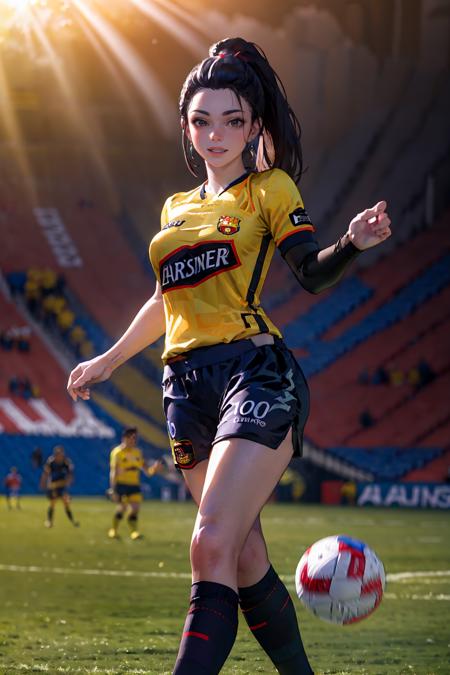 (extremely detailed CG unity 8k wallpaper), (best quality), (ultra-detailed), (best illustration), 1girl, detailed soccer stadium, outdoors, beautiful sunlight, soccer uniform, shorts, socks, soccer,  green field, (smiling), ((large breasts, wide waist)),   <lyco:barcelonaclub-10:0.8>, barcelonaclub,  <lora:widowmaker-lora-v1.5-128dim-20ep:0.6>, ponytail, purple skin.