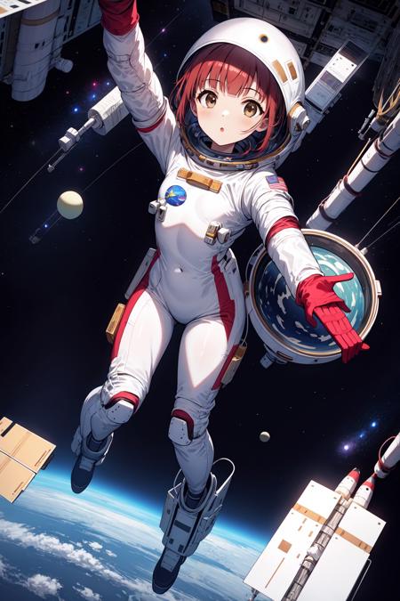 1girl, solo, from above, red hair, bowl cut, light brown eyes, small breasts, astronaut suit, feeling of floating, space station , surprised, nice hands, flying