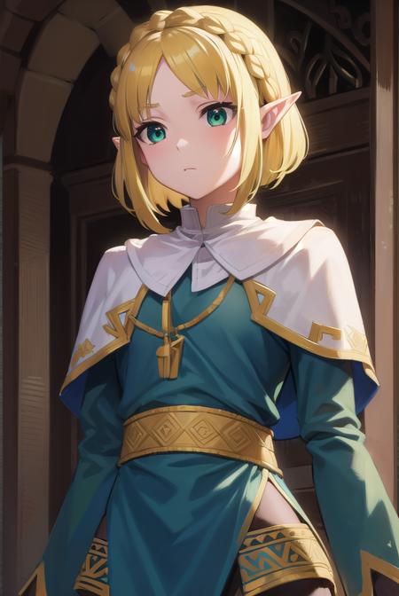 princesszelda, <lora:princesszelda-lora-nochekaiser:1>,
princess zelda, blonde hair, (green eyes:1.5), pointy ears, hair ornament, hairclip, parted bangs, short hair, crown braid,
BREAK braid, capelet,  long sleeves, dress, blue dress, pants, black pants,
BREAK looking at viewer, full body,
BREAK outdoors,
BREAK <lyco:GoodHands-beta2:1>, (masterpiece:1.2), best quality, high resolution, unity 8k wallpaper, (illustration:0.8), (beautiful detailed eyes:1.6), extremely detailed face, perfect lighting, extremely detailed CG, (perfect hands, perfect anatomy),