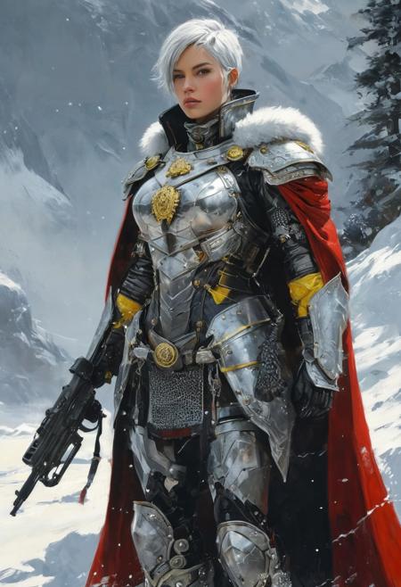 female character standing in an icy terrain, blurred mountainous landscape and sky in the background, silver-white short hair, straight and soft texture, determined facial features, natural makeup, refined eyebrows, prominent cheekbones, balanced lip color, sharp yet calm light grey eyes with a look of experience and determination, confident ready stance, right hand supporting a large firearm with the barrel pointing downward, left hand gripping the stock, body slightly leaning forward in an alert and focused attitude, strong warrior aura, survivalist in harsh conditions, military-style armor in shades of grey and black, yellow decorations and insignia, large shoulder pads with yellow patterns, prominent gold chest decoration resembling a legion symbol, deep red cape with black interior and yellow trim, irregular hem, black arm guards with metallic accents, black trousers with additional grey armor at the knees, high black military boots with extra adornments, balanced physique with medium shoulder width, proportional head to shoulder width, balanced head size, overall cool color palette reflecting the icy environment, dominated by grey, black, yellow, and deep red, metal armor and weapon parts conveying a cold and sturdy feel, harmonizing with the snowy backdrop
John Berkey Style page,