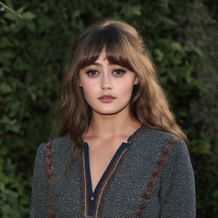 ella_purnell, <lora:EllaPurnellXL:1>, (character on center), (looking at viewer), (horror), cowboy shot, outdoors, bangs, pantyhose, (curious face), dress, straight arms, very long hair, natural wavy hair, long sleeves, (simple dress), ((sharp face, detailed face, realistic face, naturtal skin, realistic skin, detailed skin, pores)), ((perfect eyes, detailed eyes,realistic eyes))